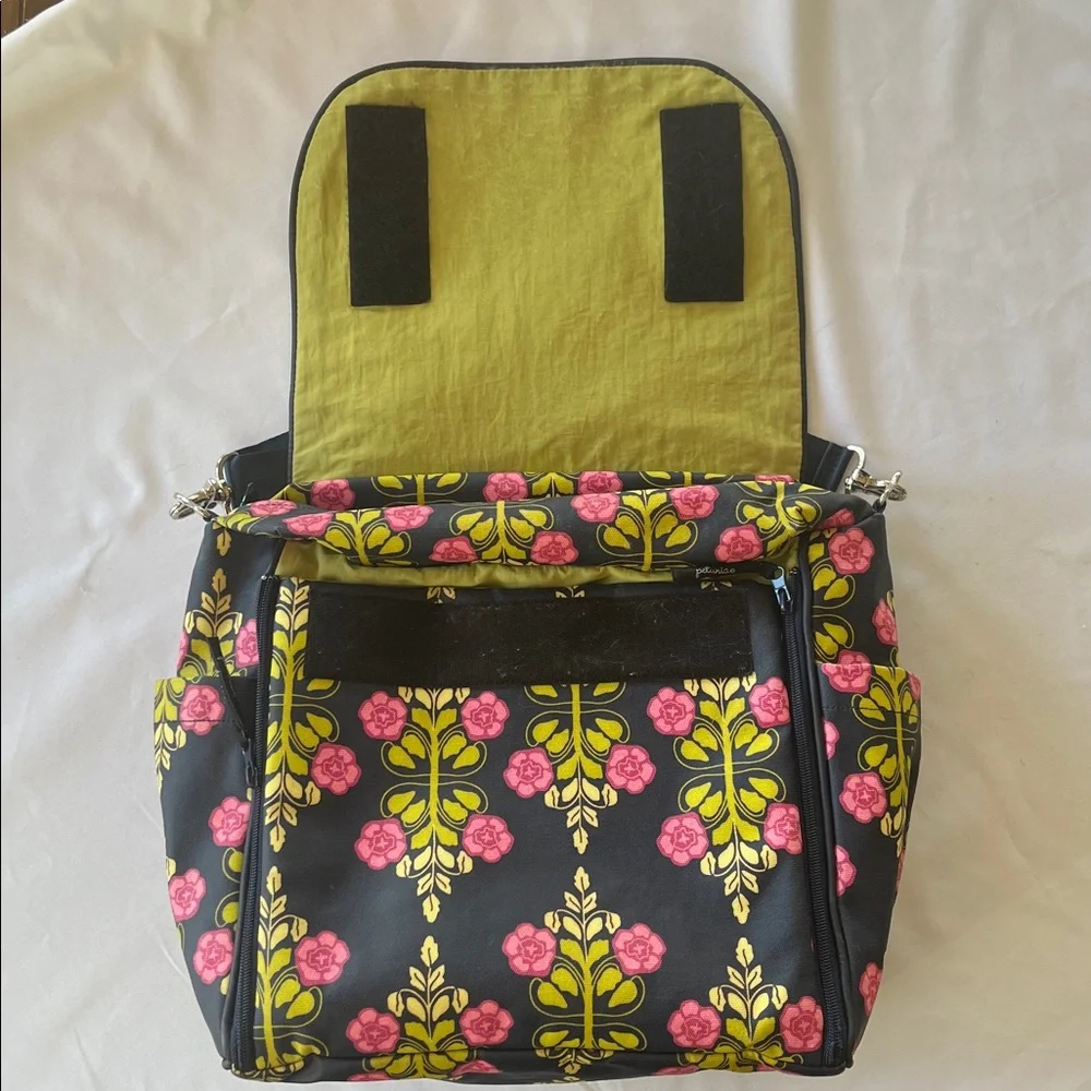 Petunia Pickle Bottom Navy Blue Diaper Bag with Pink and Green Floral Design